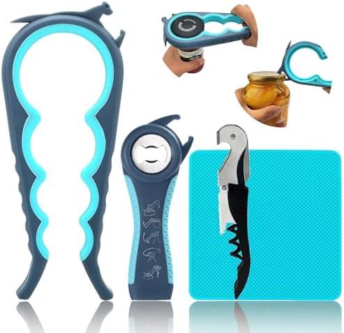 Otstar Jar Opener & Bottle Opener Set for Weak Hands - Multi-Function Kitchen Opener Tool for Seniors with Arthritis, Elderly - Includes Jar Lid Gripper Pad, Corkscrew Opener