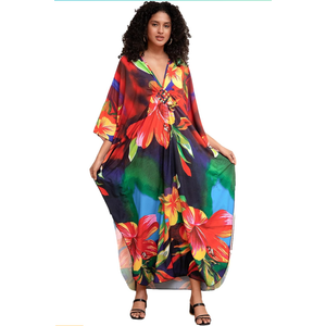 Women's Turkish Caftan Silk Wrinkle Ethnic Print Kaftans Floral Print Over Sized Caftans Lounge wear Dress