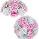 BLOSMON Fake Flowers Ball Centerpieces: 2 Pcs Pink Rose Babys Breath Artificial Flowers Wedding Decoration for Table Silk Kissing Floral Bouquet Arrangements for Home Party DIY Decor (Pink & White)