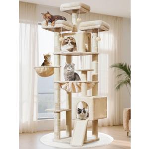 Taoqimiao Tall Cat Tree, 76In XL Cat Tower for Large Cats, 3 Padded Perches | Oversized Metal Hammock, 2 Big Condos, 1-Piece Ramp Scratcher, 7 Natural Sisal Posts, Hanging Basket, Beige, MS047M