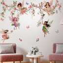 Flower Fairy Wall Decals, Floral Butterfly Elf Art Wall Sticker, Peel and Stick Butterfly Flowers Vine Airy Decor for Kids Girls Room Baby Nursery Bedroom (Pink Fairy Vine Wall Decals)
