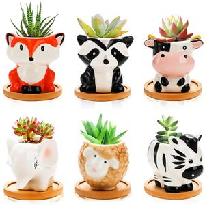 Pumtus 6 Pack Small Succulent Pots with Drainage Hole, 3 Inch Cute Ceramic Animal Planter with Saucer, Unique Air Plant Holder, Desktop Plant Flower Pot for Indoor Plants, Cactus, Garden, Home Decor