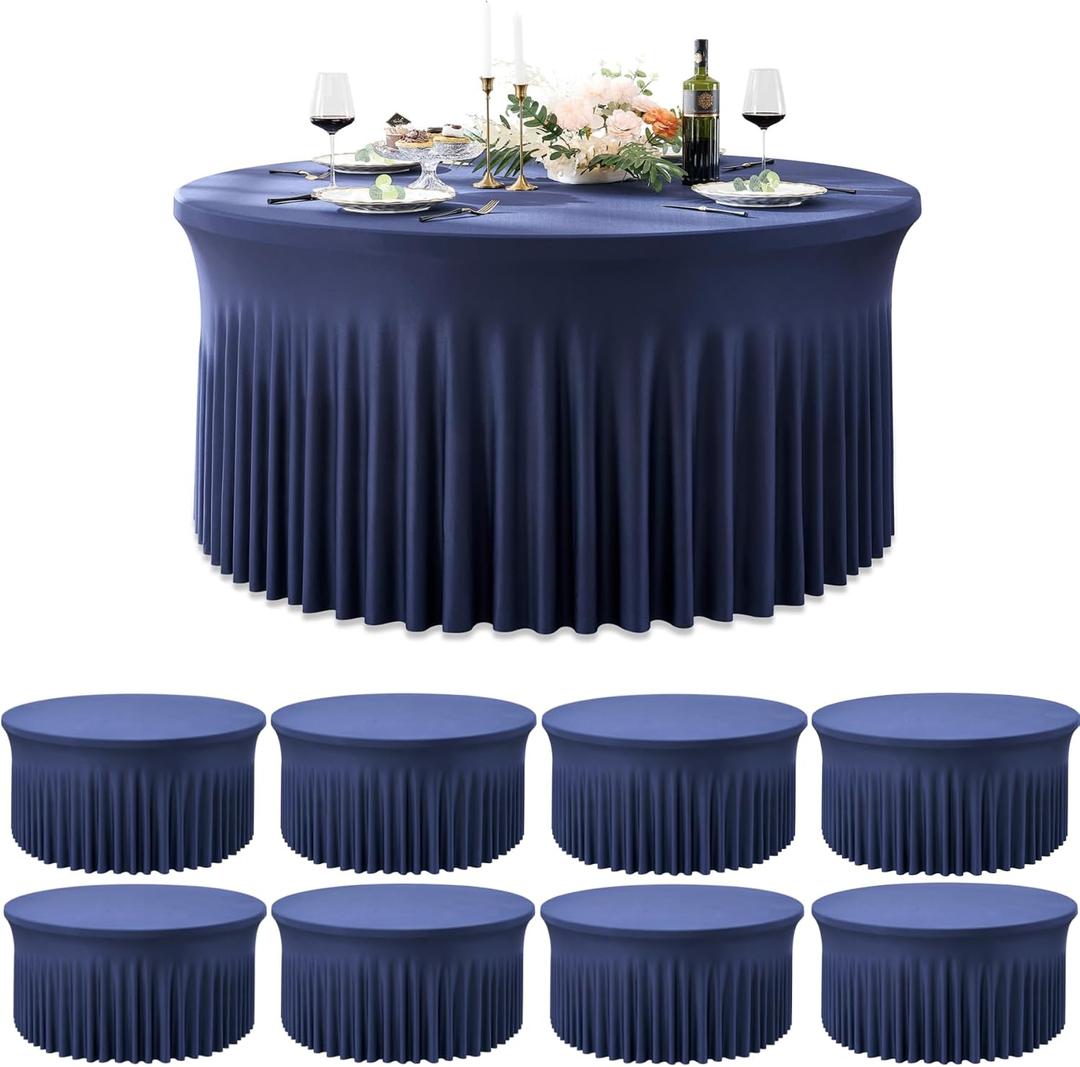 Outpain 8 Pack Spandex Navy Blue Round Tablecloths for 60in Tables, 120Inch Stretchy Fitted 5FT Round Table Clothes,Wrinkle Free Table Cover with Skirt for Wedding Party Dining Banquet