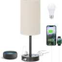 Touch Table Lamp - Beige, 3-Way Dimmable, USB A + C Charging, AC Outlet, 17.4inch Medium, Black Metal Base