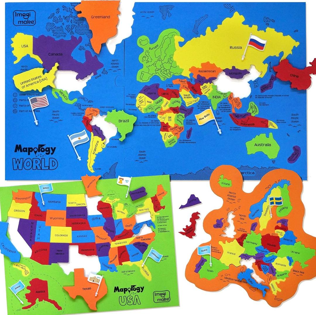 Imagimake Mapology USA & World Map Puzzle with Flags, Capitals, Stickers | Educational Toys for Ages 5-7 | Jigsaw Puzzles for Kids Ages 8-10 | Geography Toys for Age 8-13 | 6 Year Old Boy & Girl Gifts