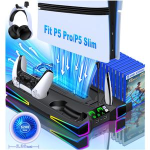 PS5 Stand Cooling Station for PS5/PS5 Slim Console, PS5 Accessories Vertical Stand with 2.36in Large P5 Fan Cooling Fan, Colorful Light, Dual Controller Charger, Headset Holder, 3 Charger Port-Black