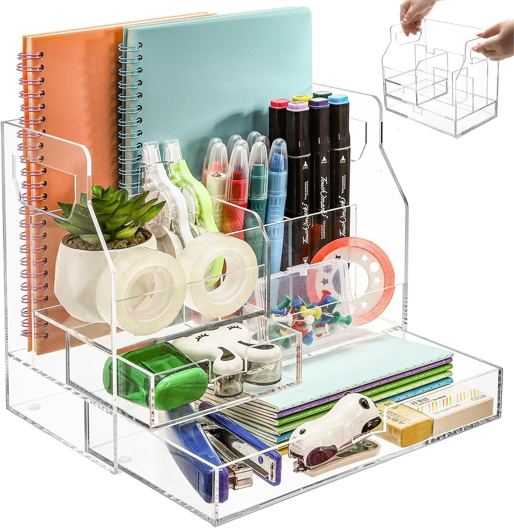 Acrylic Desk Organizer with 2 Drawers, Clear Office Drawer Organizer with Handle, Pencil Pen Holder Storage Desktop Accessories 7 Compartments for Home Makeup Magazine File Art Supply