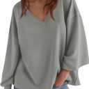 Fisoew Womens Oversized Sweatshirts Casual Deep V Neck Lantern Long Sleeve Fall Pullover Tops (Medium, Grey)