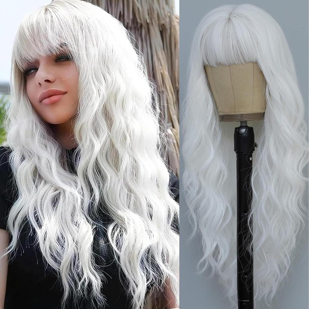 White Wig with Bangs for Women Long White Wavy Wigs 26 Inch Natural Looking Heat Resistant Synthetic Wig for Daily Party Use