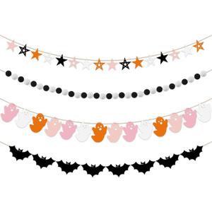 Breling 4 Pcs Halloween Ghost Garland Banner Pink Black White Orange Ghost Bats Pompom Stars Hanging Banners Halloween Party Banner Decorations for Houses Doorways Haunted Indoor Outdoor Home Decor