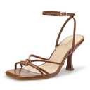 PARTY Women's Square Open Toe Strappy Heeled Sandals 3 inch Stiletto Kitten Heel with Ankle Buckle Strap, Comfortable Slingback Summer Dress Shoes,Brown Pu,8,S1