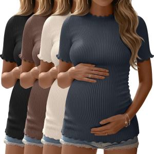4 Pack Women's Maternity Shirt Short Sleeve Ribbed Knit Tunic Tops Crew Neck Pregnancy Side Ruched Casual Clothes (Charcoal Gray, Apricot, Brown, Black)
