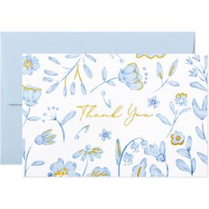 Crisky Blue Floral Gold Foil Thank You Cards Bulk with Envelopes, 50 Pack 4X6 Inch Wildflower Thank You Greeting Notes for Bridal Shower, Wedding, Birthday, Baby Shower, Graduation, Business