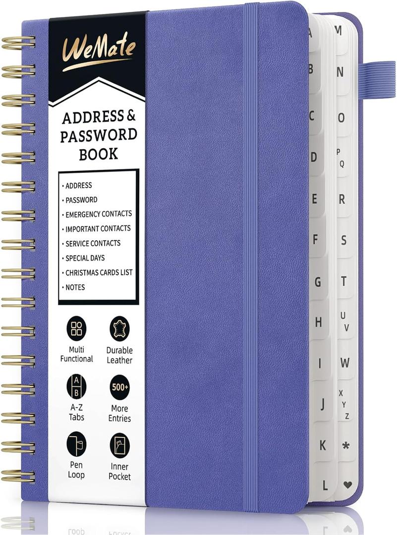 WEMATE Spiral Address Book with Alphabetical Tabs, Leather Password Book, Address Organizer Telephone Notebook Journal Keep Contact Safe Hardcover Large Print for Seniors Home Office 5.88.2, Purple