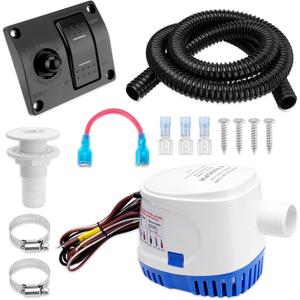 1100 GPH Automatic Boat Bilge Water Pump 12V with 3 Way Switch Panel & 1-1/8 Inch Dia Bilge Pump Plumbing Kit Ideal for Fishing Boats, Cruisers, Runabouts, Yachts