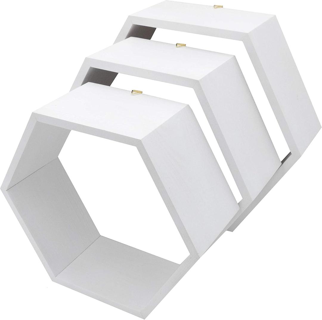 White Wooden Wall Shelves Hexagon - Hexagon, Honeycomb Shelves - Hexagon Set of 3