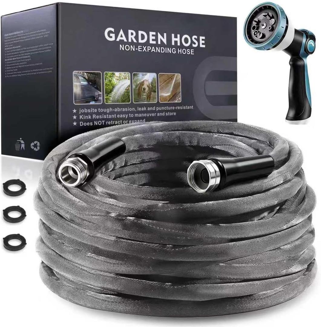 Relxitl Garden Hose 100feet, Water Hose with 10 Function Hose Nozzle, NON-Expandable Hose, Tough & Flexible, Lightweight, Crush Resistant Fittings, Kink & Tangle Free, Rust Proof for Watering (Gray)