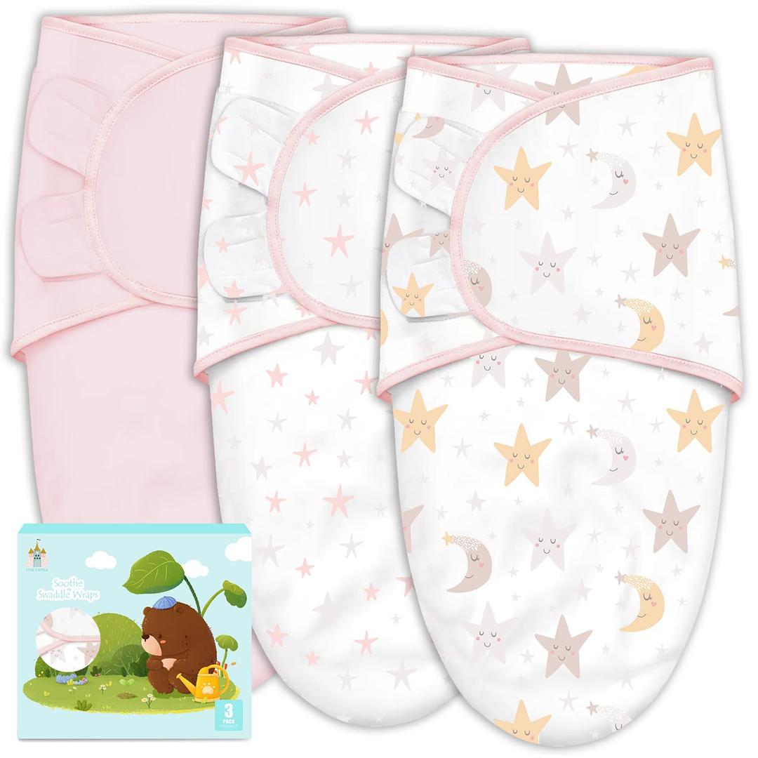 Cute Castle 3-Pack Baby Swaddle Sleep Sacks - Newborn Swaddle Sack - Ergonomic Baby Swaddles Blanket Warp for Boys and Girls - Baby Essentials (0-3 Months - Pink, Moon, Stars) (One Size)
