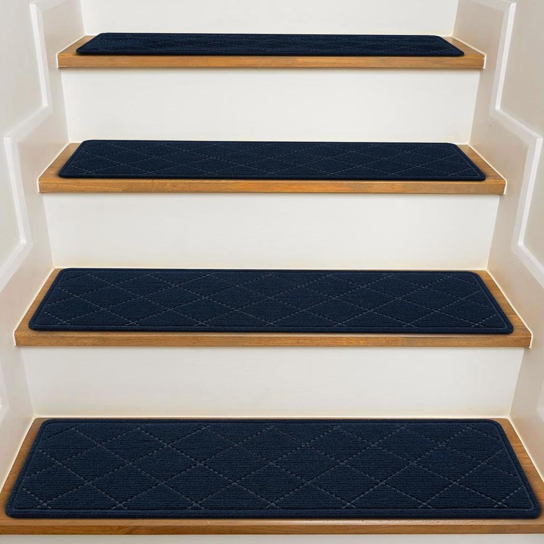 Stair Treads for Wooden Steps Indoor, 15 Pack 8" X 30" Non Slip Carpet Stair Treads with Reusable Adhesive for Kids Elders and Dogs, Surface Polyester TPR Backing Stair Rugs,Navy Stair Treads for Wooden Steps Indoor, 15 Pack 8" X 30" Non Slip Carpet Stair Treads with Reusable Adhesive for Kids Elders and Dogs, Surface Polyester TPR Backing Stair Rugs,Navy