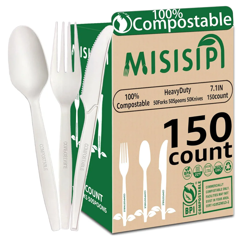 MISISIPI 150-Count Compostable Utensils Set - Heavy Duty BPI Certified, Plastic-Free Disposable Forks, Spoons, Knives for BBQ, Camping, Events, Plant-Based Cutlery