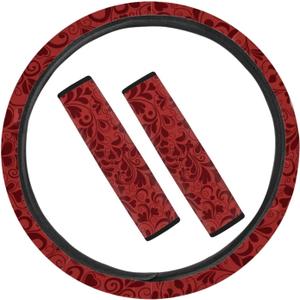 YGFLPPV 2 Pcs Seat Belt Covers and 15" Steering Wheel Cover Cute Sets, Damascus Pattern Neoprene Soft Thin Girly Car Accessories, Neck Cushion Protector & Non-Slip and Warm for Hands Red