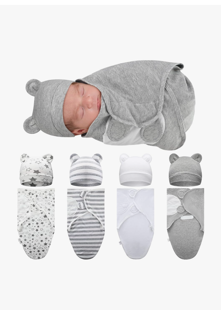 Buryeah 4 Pack Preemie Swaddle Blanket Wrap Set with Hat for Baby Boys Girls 3-7 Lbs Preemie Newborn Clothes Sleepers Cap
