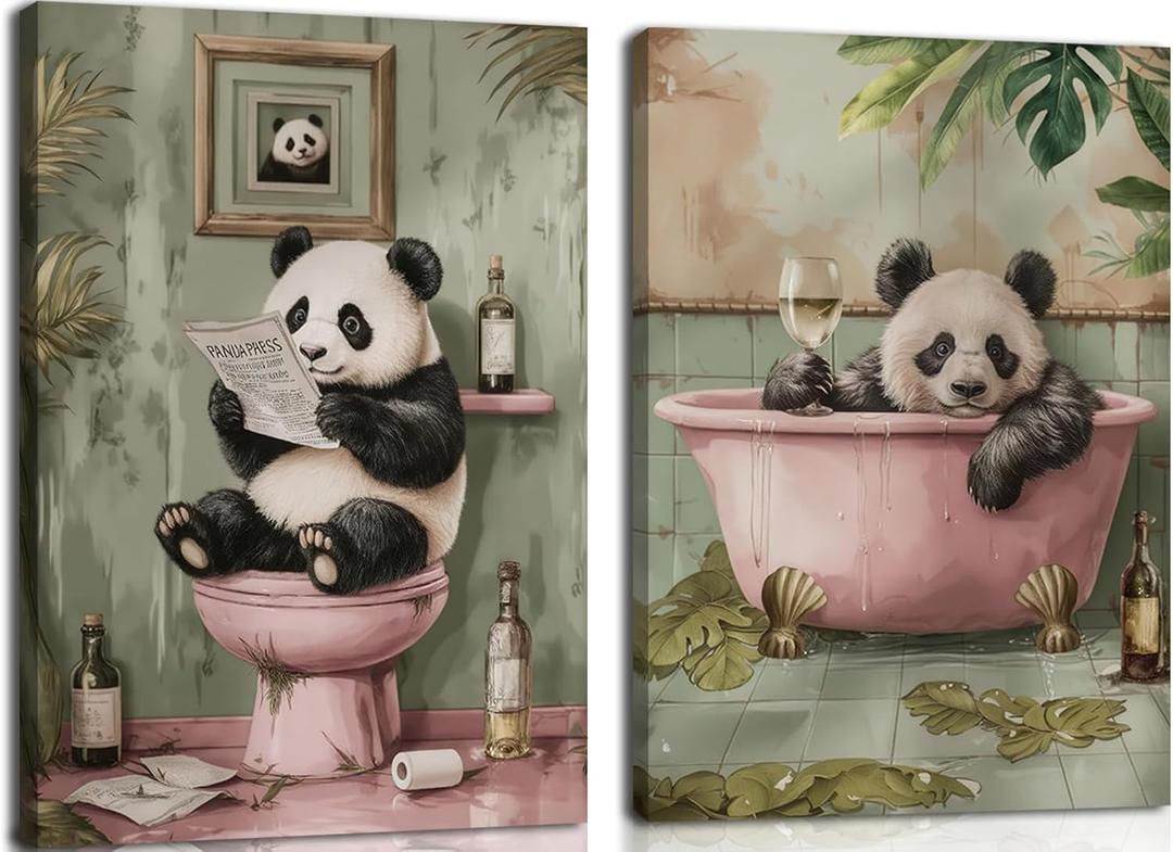 Funny Bathroom Wall Art Set of 2, Panda on Toilet and in Bathtub Wall Decor Paintings, Cute Animal Canvas Prints Pictures Aesthetics Home Decor for Bathroom Restroom 12x16 Inch Framed