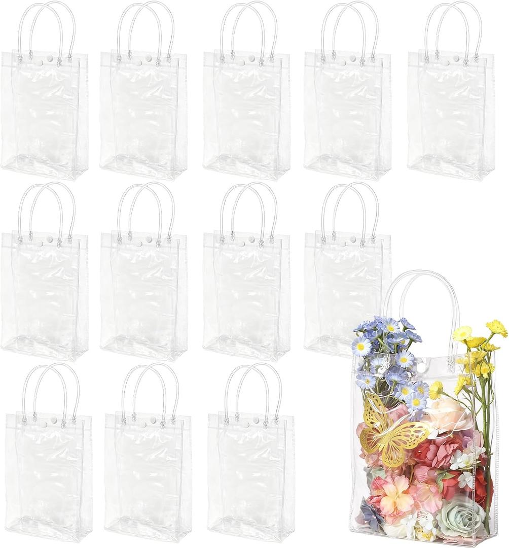 WhizToys 12 PCS Clear Gift Bags with Handles Transparent Party Favour, 9.1x6.7x2.8Inches, Clear Tote Goodie Bag Bulk PVC Plastic Bags with Handles for Father's Day Weddings Birthdays