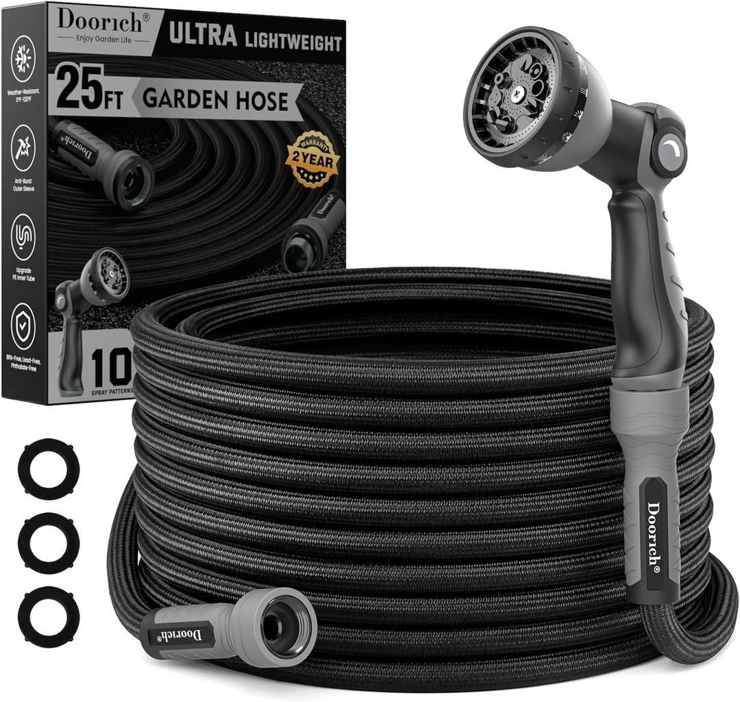 Garden Hose, Flexible Ultra Lightweight Durable, Kink-Free Water Hose with 10 Function Sprayer - Non-Shrinking, Easy to Store, All-Weather, High-Pressure, Black (25 FT)