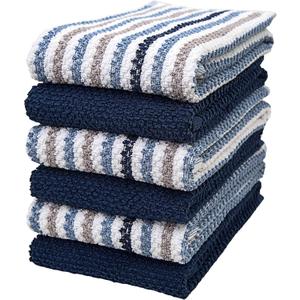 Premium Kitchen Towels (16x 26, 6 Pack) | Large Cotton Kitchen Hand Towels | Popcorn Striped Design | Dish Towels | 430 GSM Highly Absorbent Tea Towels Set with Hanging Loop | Blue (Blue - Wide Stripes)