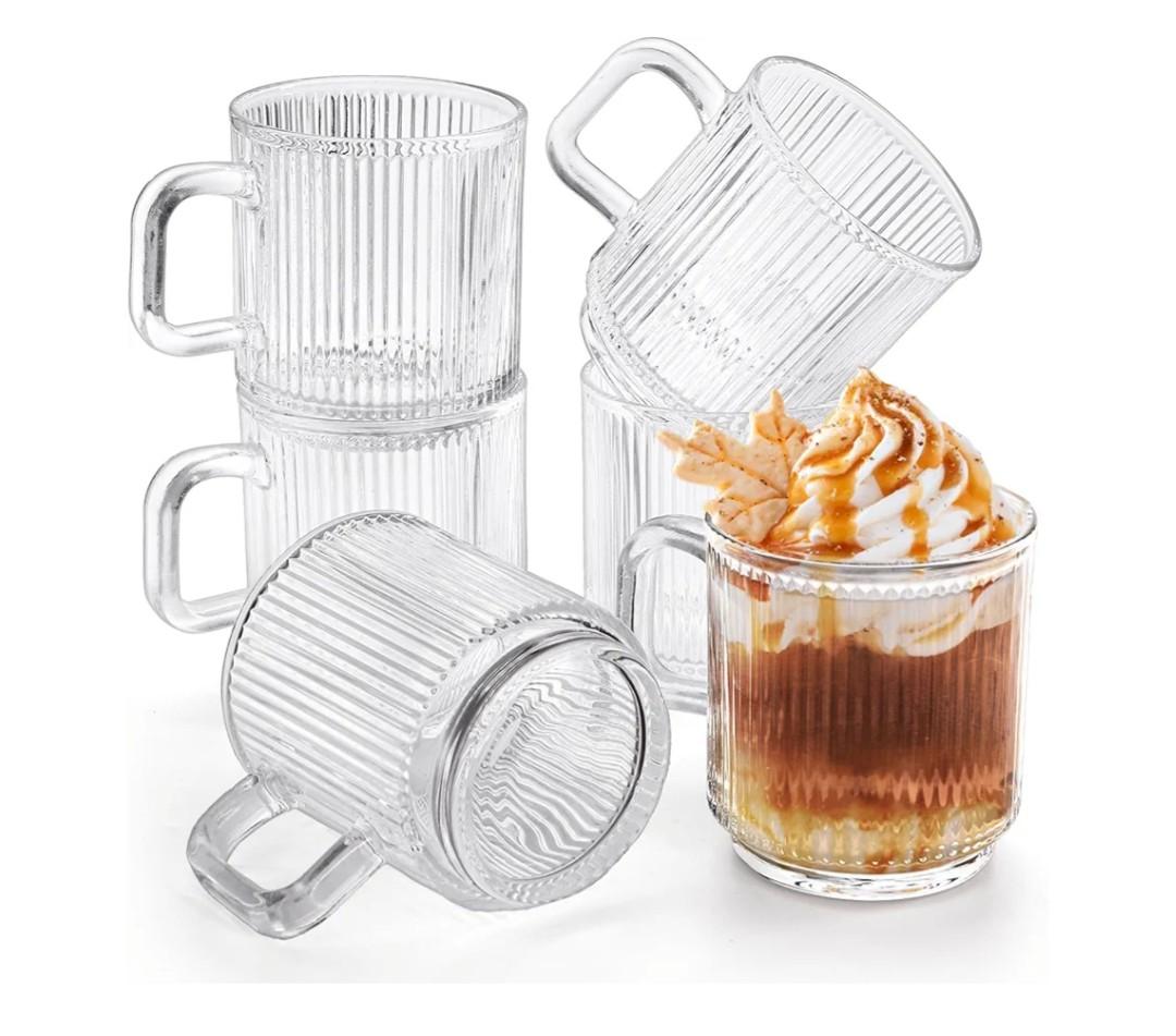 6 Pack Premium Glass Coffee Mugs with Handle, 12 Oz Classic Vertical Stripes Glass Tea Cups, Transparent Ribbed Beverage Mugs, Clear Vintage Glassware Set for Hot Cold Americano, Cappuccino