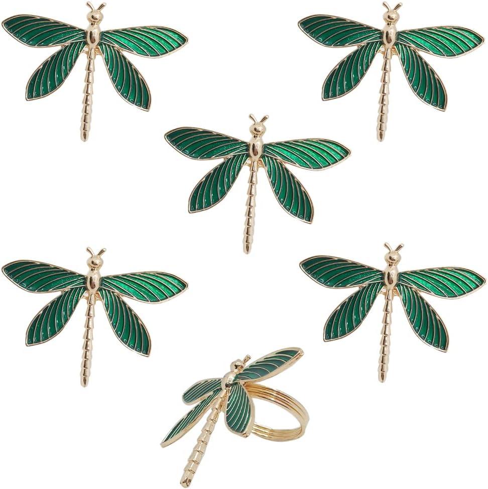 6 Pack Gold Napkin Ring Dragonfly Napkin Rings Holders Insect Napkin Rings Buckle for Thanksgiving,Christmas, Family Gather, Table Decoration Rings (Green)