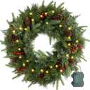 Christmas Wreath Pre-lit 24 inch with 50 Light & Pine Cone, Artificial Christmas Wreaths for Front Door with Lights, Wreath for Christmas Decoration Door Windows Wall Green