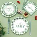 75 Pcs Sage Green Baby Shower Plates and Napkins Party Supplies, Sage Green Baby Shower Decorations, Gingham Paper Plates for Gender Neutral Oh Baby Decor, Scalloped, Serve 25 Guests