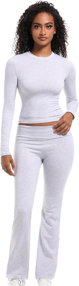 2 Piece Lounge Sets for Women Casual Long Sleeve Crop Top Fold Over Flare Yoga Leggings Pants Outfits Pajamas Set (X-Small, Grey)