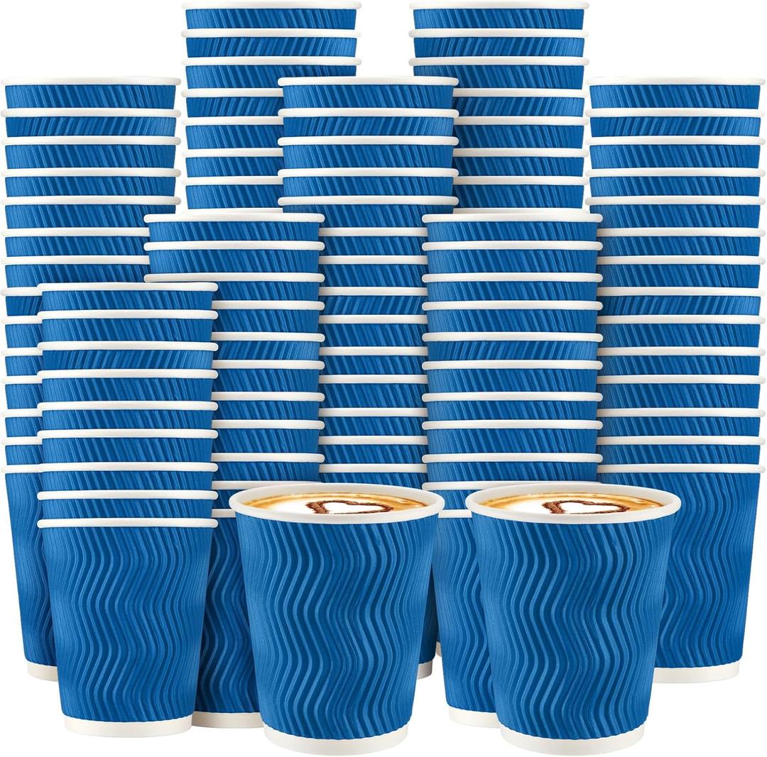 Funnymoom 200 Pack 8 oz Disposable Coffee Cups Blue Insulated Corrugated Paper Coffee Cups with Ripple Wall Design Suitable for Hot or Cold Drinks Cafe Restaurant Office Home Party Picnic BBQ