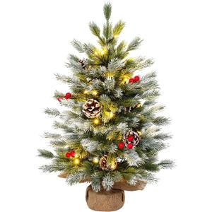 Pre-lit 2ft Mini Artificial Christmas Tree, 50LED Lights, Red Cloth Base with for Table Desk Home Christmas Decor White