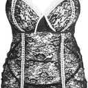 Verdusa Women's Plus Size 2 Piece Lace Lingerie Set Criss Cross Cut Out Cami Dress with Thong (Black, XXXL)