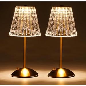 Nusogon Cordless Touch Table Lamp, 3500mAh LED Rechargeable Small Dask Lamp, 3 Colors Dimmable Battery Operated Crysta Lamp for Bedroom Restaurant Kitchen Home Decor, Gold, 2pcs