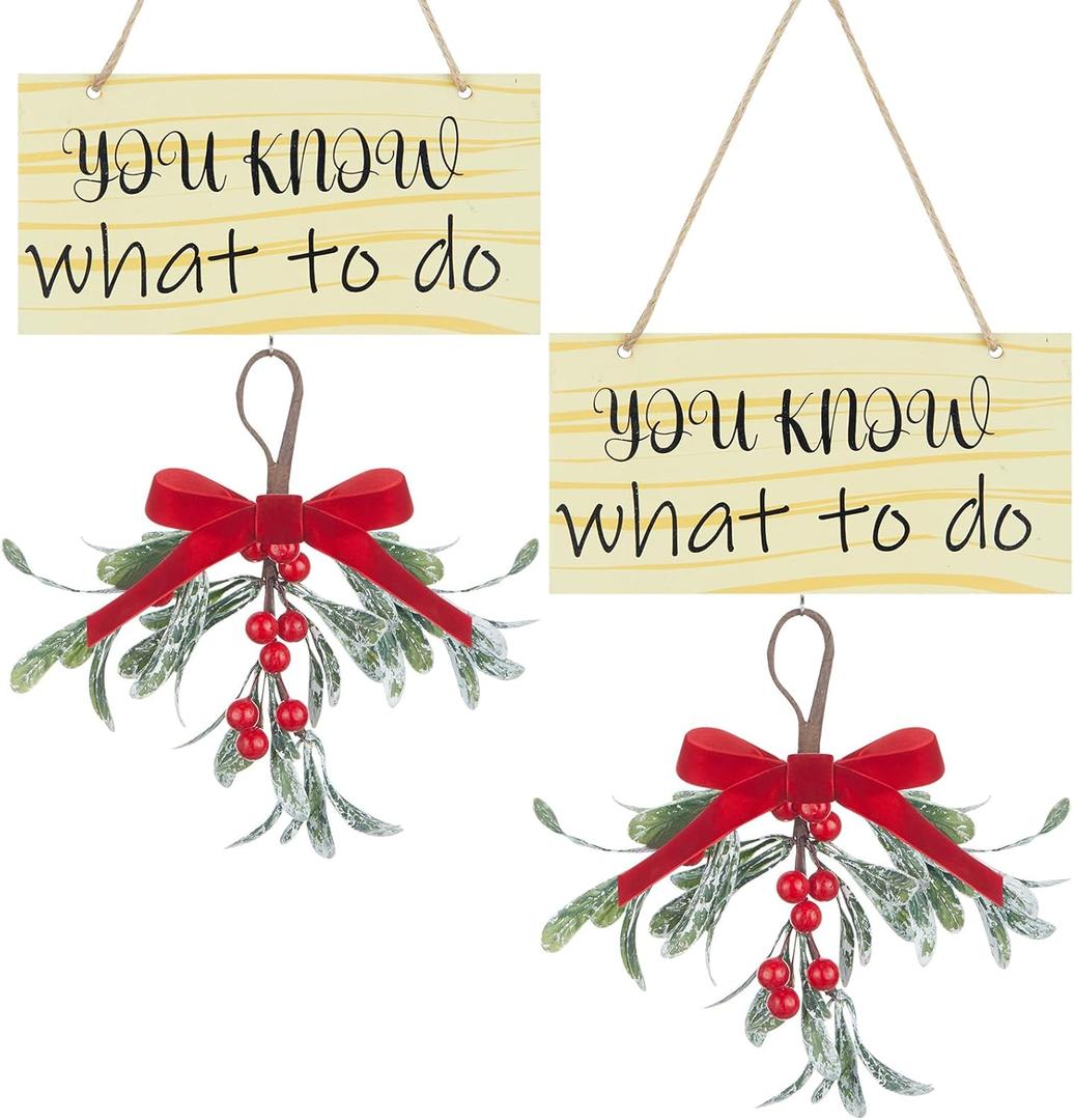 2 Pcs Christmas Mistletoe Decor Artificial Mistletoe Ornaments You Know What to Do Hanging Wood Sign Christmas Ornamnets with Red Velvet Bow for Xmas Door Home Party Decoration Supplies