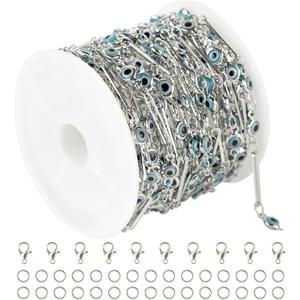 KYUNHOO 16.4 Feet Silver Chain for Necklace Women Thin Paperclip Jewelry Chain Bulk Blue Evil Eye Beaded Chains with Connector DIY Craft Bracelet Jewelry Making Supplies