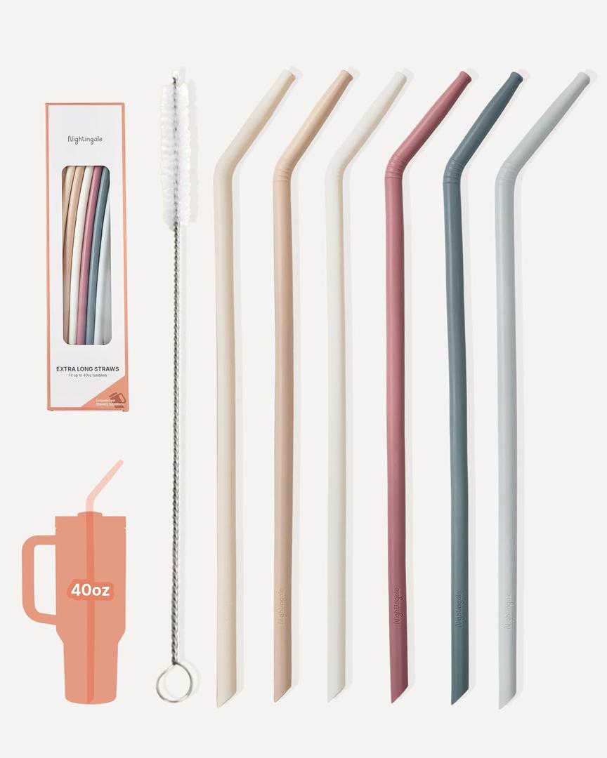 Nightingale 14 Silicone Tumbler Straws - Compatible with Stanley 40 oz cup - Reusable Flexible Long Bendy Drinking Straw with Cleaning Brush for Tall Tumblers - Food-Safe - Set of 6 Oak