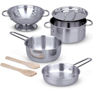 Melissa & Doug Stainless Steel Pots & Pans, 8 Piece Play Kitchen Set, Premium Play Kitchen Accessories & Cooking Utensils, Preschool Toys for Kids 3+