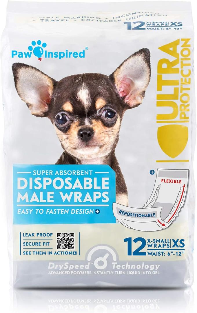 Paw Inspired Disposable Male Dog Wraps, Belly Band for Dogs | Disposable Dog Diapers | Belly Bands for Male Dogs (12 Count, X-Small)