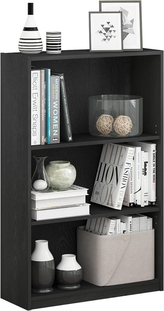 Furinno JAYA Book Shelf, 3-Tier Bookshelf, Bookcase with Adjustable Shelves, 9.5 x 24.5 x 40.3, for Living Room, Bedroom, Home Office, Blackwood