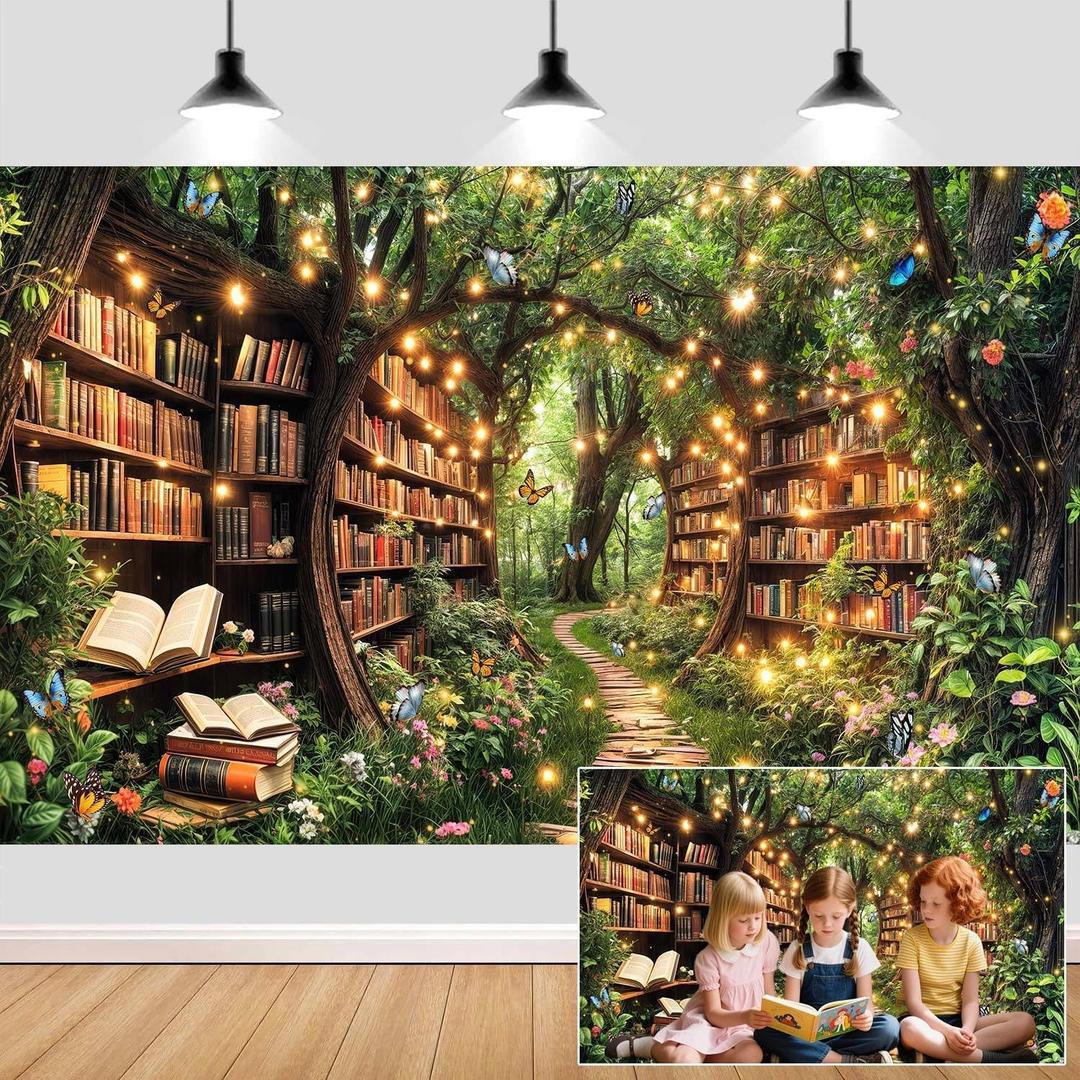 10X8ft Enchanted Forest Fairy Library Backdrop Fairy Tale Magic Bookshelf Green Garden Book Tree Floral Butterfly Photography Background Birthday Party Decorations Baby Shower Banner Photo Booth Props