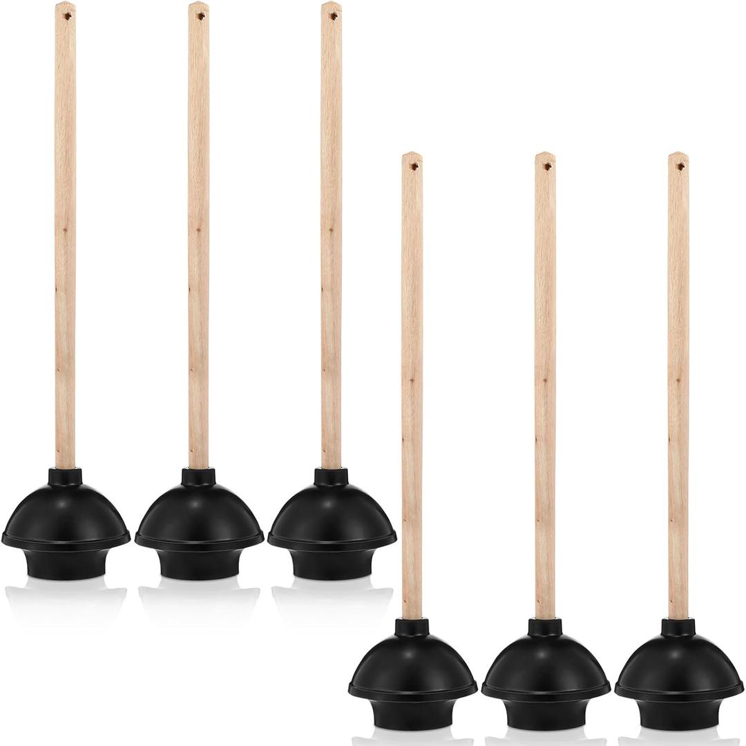 Dandat 6 Pcs Rubber Toilet Plunger with Double Thrust Force Suction Cup Long Wooden Handle Toilet Bowl Plunger Heavy Duty Pump Clogged Solution for Bathroom Stores Restaurants (Black)