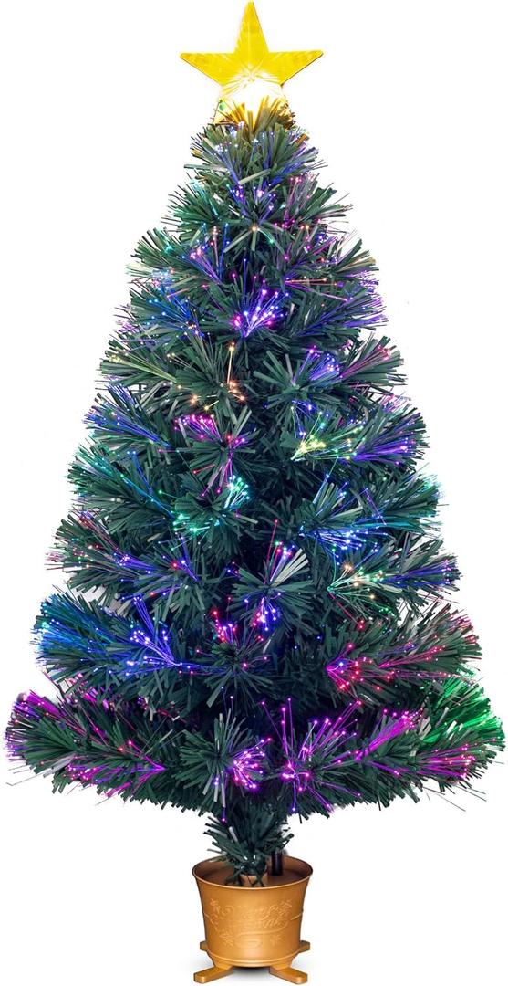 32inch Pre-lit Mini Fiber Optic Tabletop Artificial Christmas Tree, Small Xmas Tree with Stars Decorations-Gold