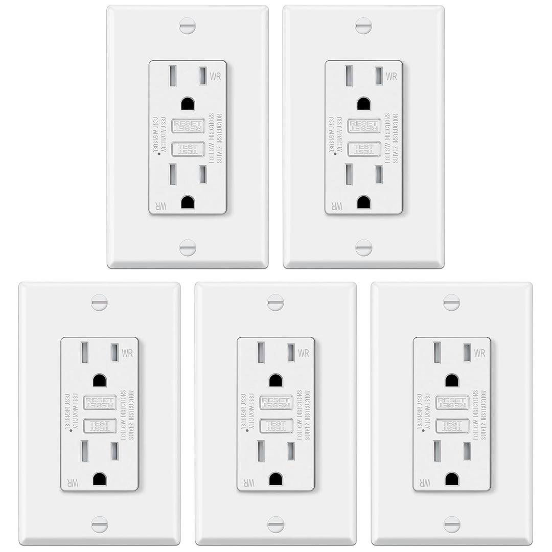 ELECTECK 5 Pack GFCI Outlet 15 Amp, Outdoor Weather Resistant (WR), Ultra Slim GFI Receptacles with LED Indicator, Ground Fault Circuit Interrupter, Wallplate Included, ETL Listed, White