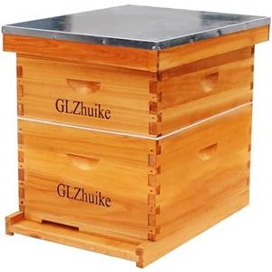 GLZhuike 10 Frame Beeswax Coated Bee Hive Kit, Include Deep Brood Box & Medium Honey Super with Bee Frames & Foundations | All-Natural Beekeeping Supplies for Beginners & Professionals (Unassembled)